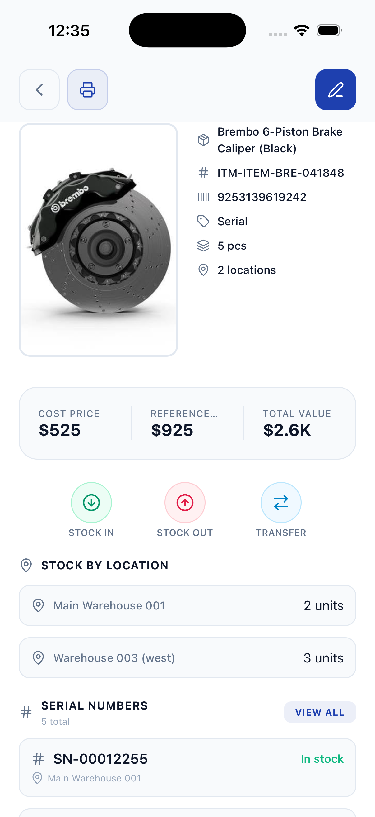 Inveta mobile item screen with location stock, cost, and serial numbers