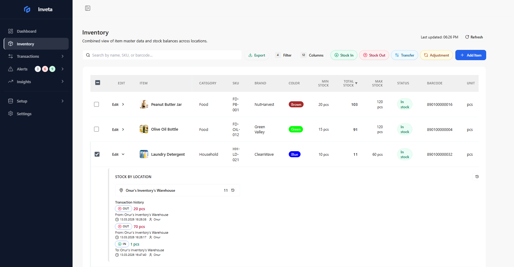 Inveta dashboard showing products and stock levels