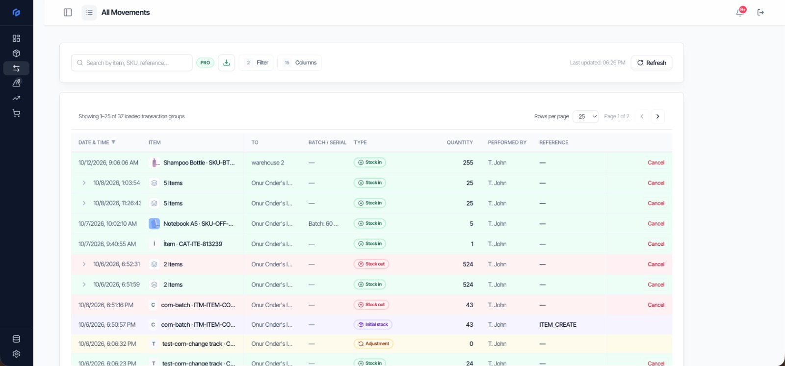 Inveta movement history with stock in, stock out, transfers, and adjustments